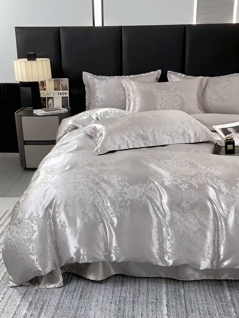 91家纺网 家纺一手货源 找家纺 红日子纺织品 2025新款简约贡缎提花四件套 暮光灰