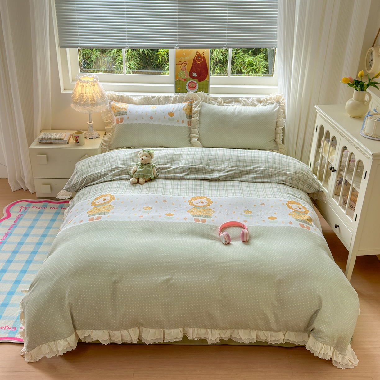 91家纺网 家纺一手货源 找家纺 淑女公社家纺 2025新款全棉双层纱四季款洛丽塔风格四件套 狮子小姐绿