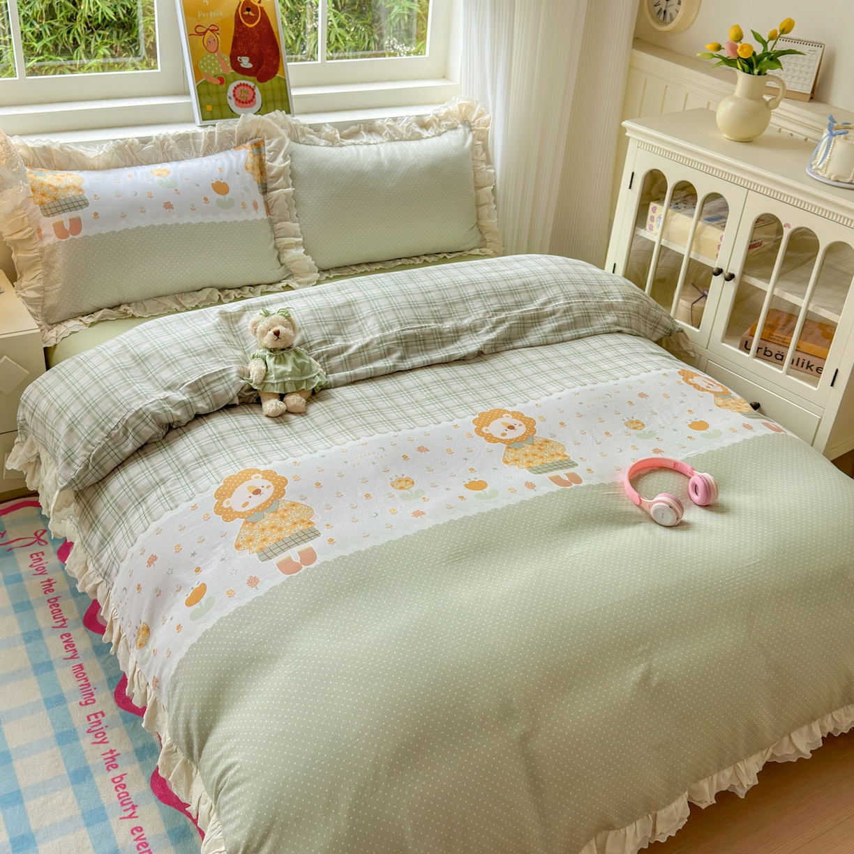 91家纺网 家纺一手货源 找家纺 淑女公社家纺 2025新款全棉双层纱四季款洛丽塔风格四件套 狮子小姐绿