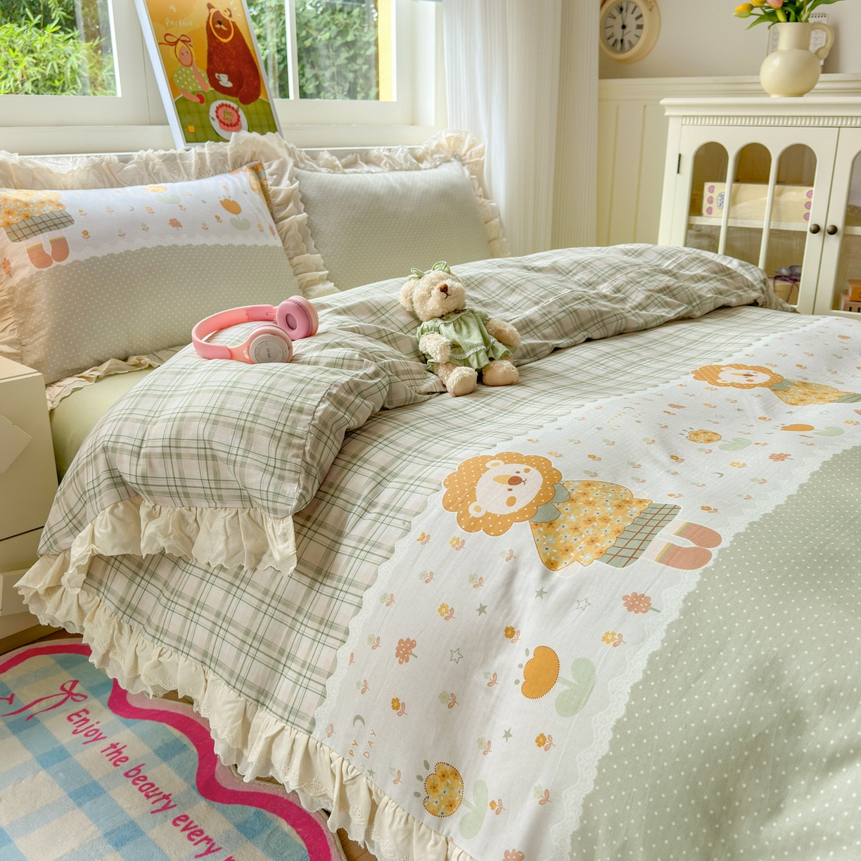 91家纺网 家纺一手货源 找家纺 淑女公社家纺 2025新款全棉双层纱四季款洛丽塔风格四件套 狮子小姐绿