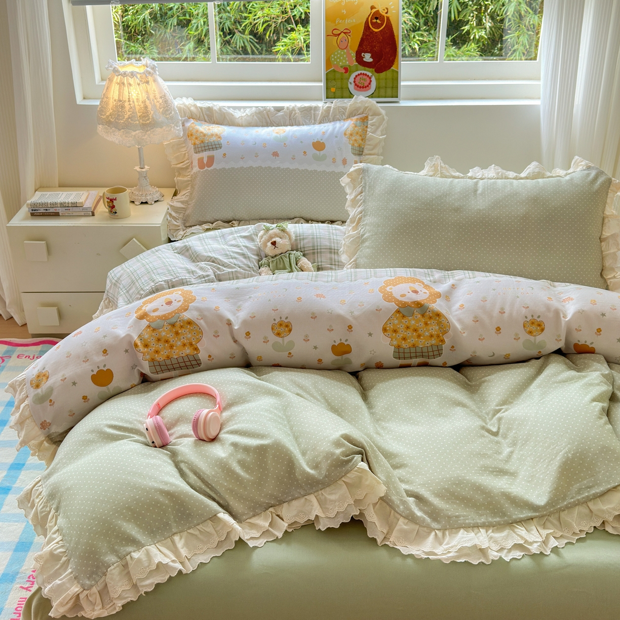 91家纺网 家纺一手货源 找家纺 淑女公社家纺 2025新款全棉双层纱四季款洛丽塔风格四件套 狮子小姐绿