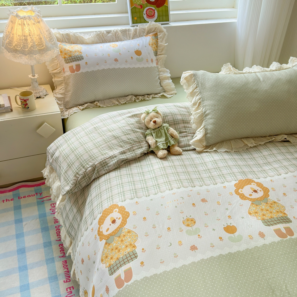 91家纺网 家纺一手货源 找家纺 淑女公社家纺 2025新款全棉双层纱四季款洛丽塔风格四件套 狮子小姐绿