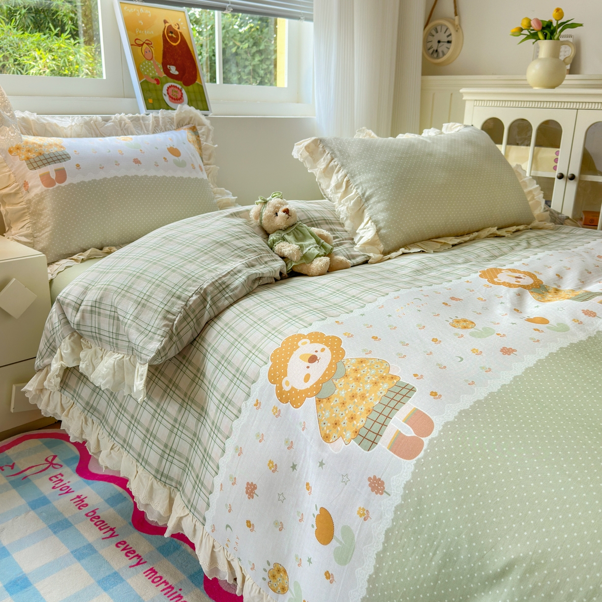 91家纺网 家纺一手货源 找家纺 淑女公社家纺 2025新款全棉双层纱四季款洛丽塔风格四件套 狮子小姐绿