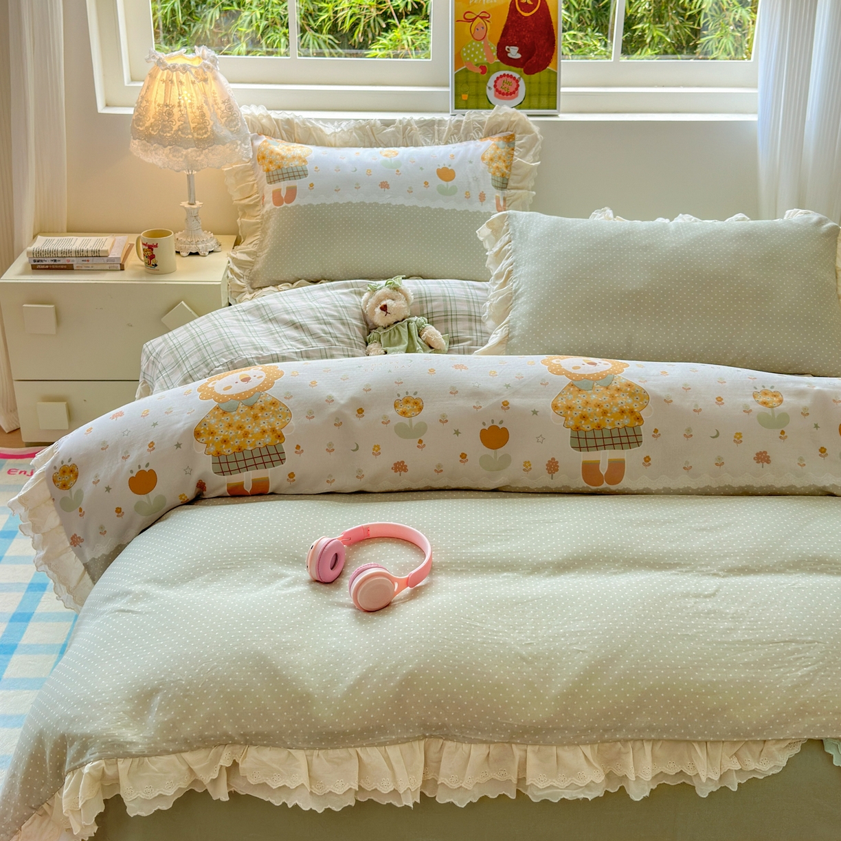 淑女公社家纺 2025新款全棉双层纱四季款洛丽塔风格四件套 狮子小姐绿