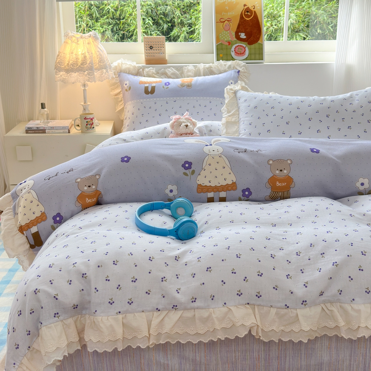 淑女公社家纺 2025新款全棉双层纱四季款洛丽塔风格四件套 兔小姐和小熊紫