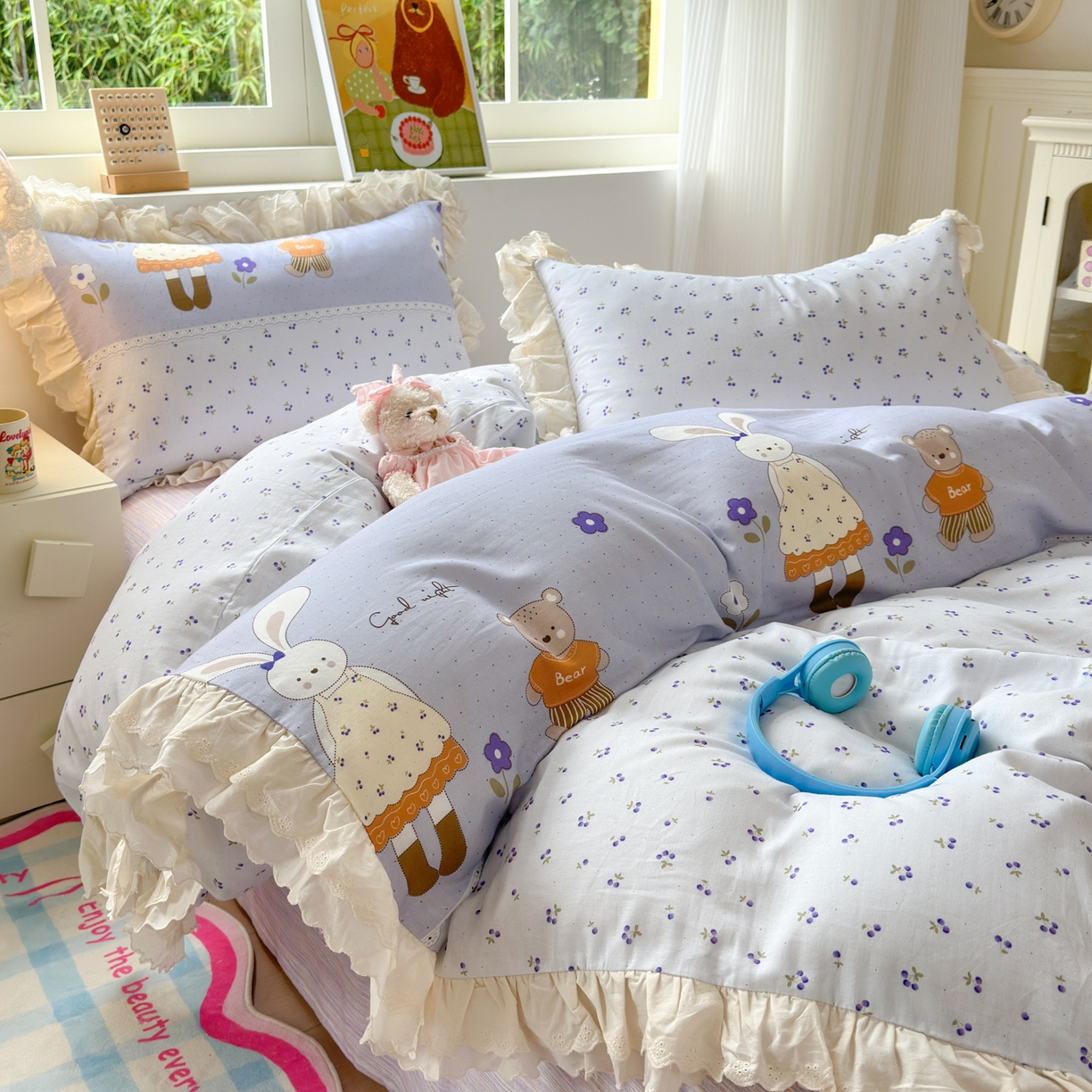 91家纺网 家纺一手货源 找家纺 淑女公社家纺 2025新款全棉双层纱四季款洛丽塔风格四件套 兔小姐和小熊紫