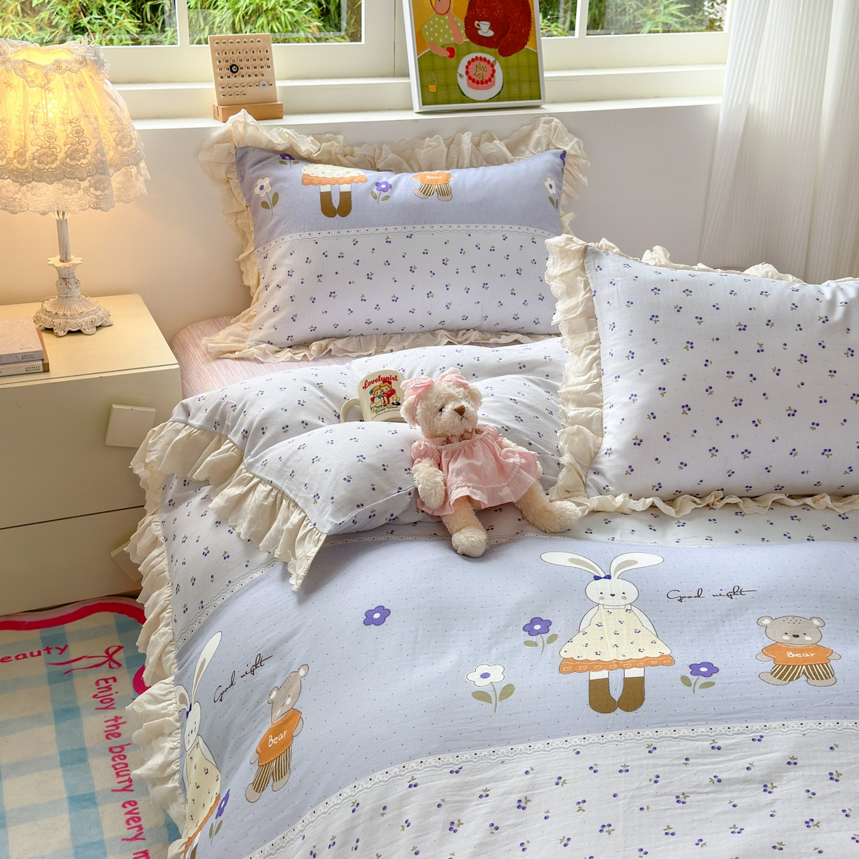 91家纺网 家纺一手货源 找家纺 淑女公社家纺 2025新款全棉双层纱四季款洛丽塔风格四件套 兔小姐和小熊紫