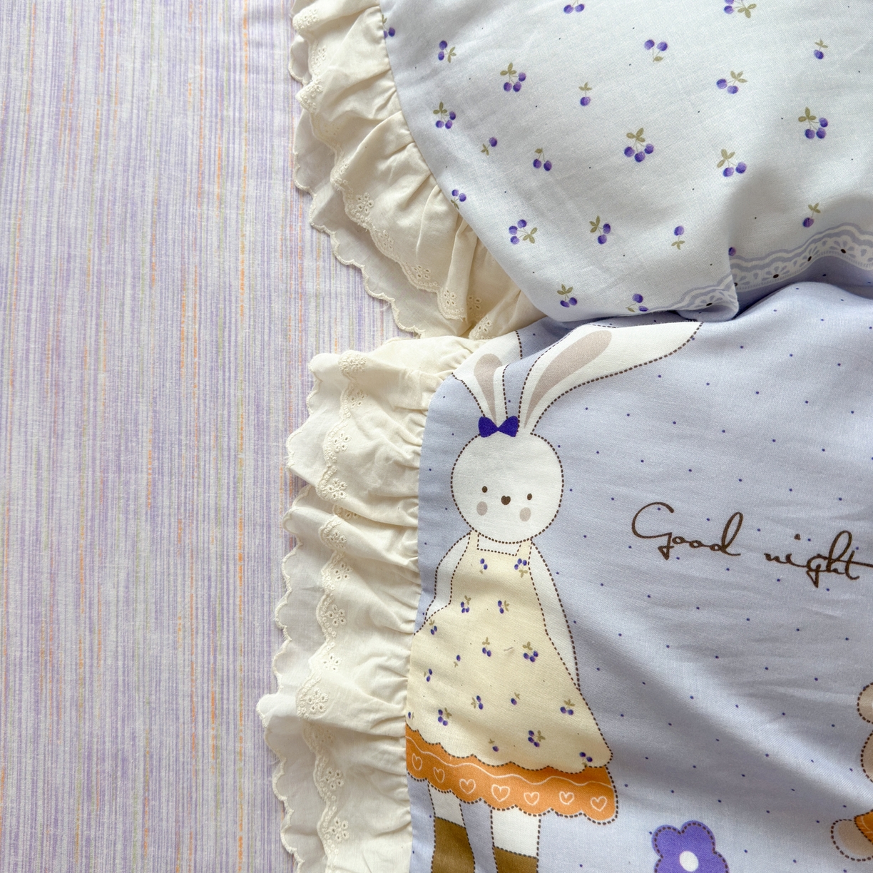 91家纺网 家纺一手货源 找家纺 淑女公社家纺 2025新款全棉双层纱四季款洛丽塔风格四件套 兔小姐和小熊紫