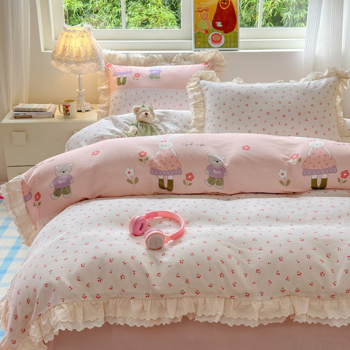 淑女公社家纺 2025新款全棉双层纱四季款洛丽塔风格四件套 兔小姐和小熊粉
