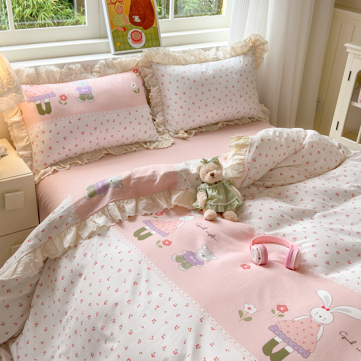 91家纺网 家纺一手货源 找家纺 淑女公社家纺 2025新款全棉双层纱四季款洛丽塔风格四件套 兔小姐和小熊粉