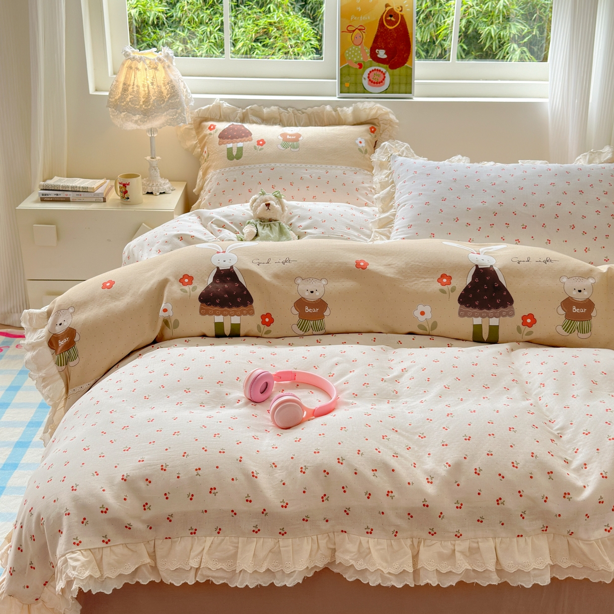 淑女公社家纺 2025新款全棉双层纱四季款洛丽塔风格四件套 兔小姐和小熊咖