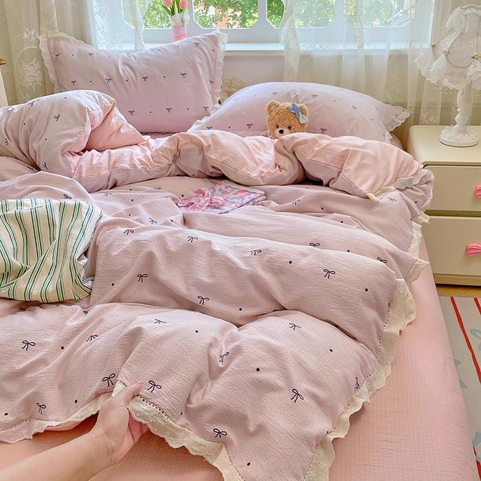 91家纺网 家纺一手货源 找家纺 优佳优品 2025新款A类云感木棉皱皱双层纱全棉镂空花边四件套（提供买家秀） 同心结