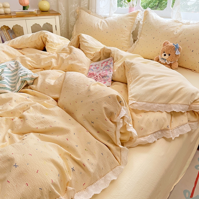 91家纺网 家纺一手货源 找家纺 （总）优佳优品 2025新款A类云感木棉皱皱双层纱全棉镂空花边四件套（提供买家秀）