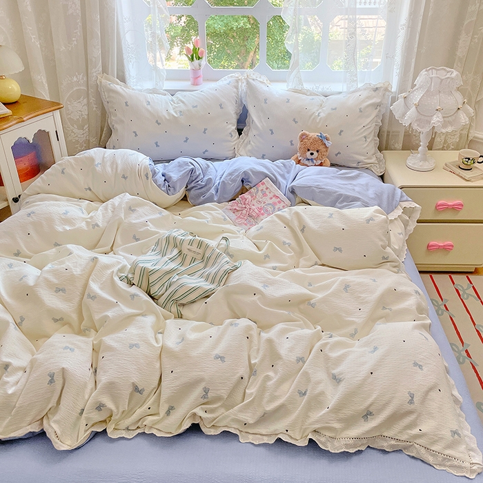 91家纺网 家纺一手货源 找家纺 优佳优品 2025新款A类云感木棉皱皱双层纱全棉镂空花边四件套（提供买家秀） 蝴蝶蓝