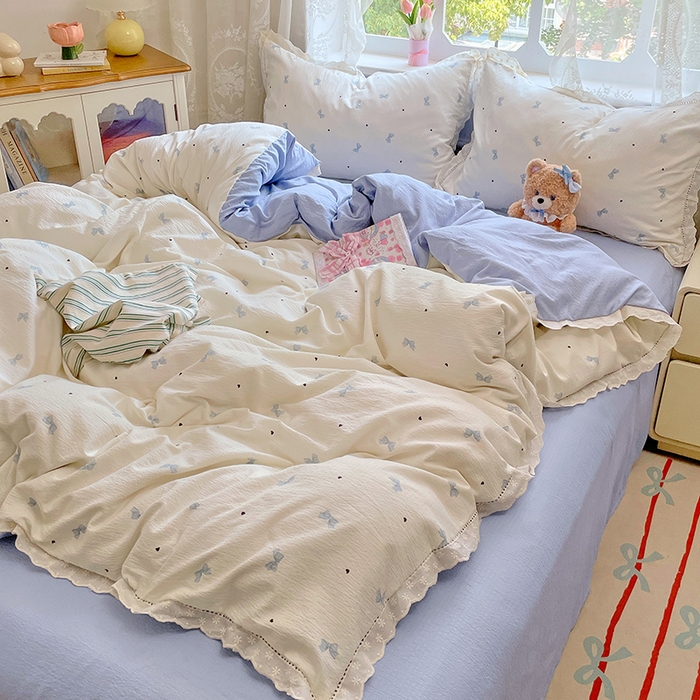 91家纺网 家纺一手货源 找家纺 优佳优品 2025新款A类云感木棉皱皱双层纱全棉镂空花边四件套（提供买家秀） 蝴蝶蓝