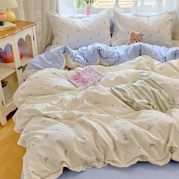 91家纺网 家纺一手货源 找家纺 优佳优品 2025新款A类云感木棉皱皱双层纱全棉镂空花边四件套（提供买家秀） 蝴蝶蓝