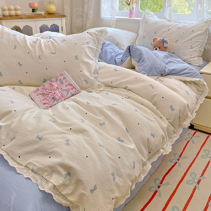 91家纺网 家纺一手货源 找家纺 优佳优品 2025新款A类云感木棉皱皱双层纱全棉镂空花边四件套（提供买家秀） 蝴蝶蓝