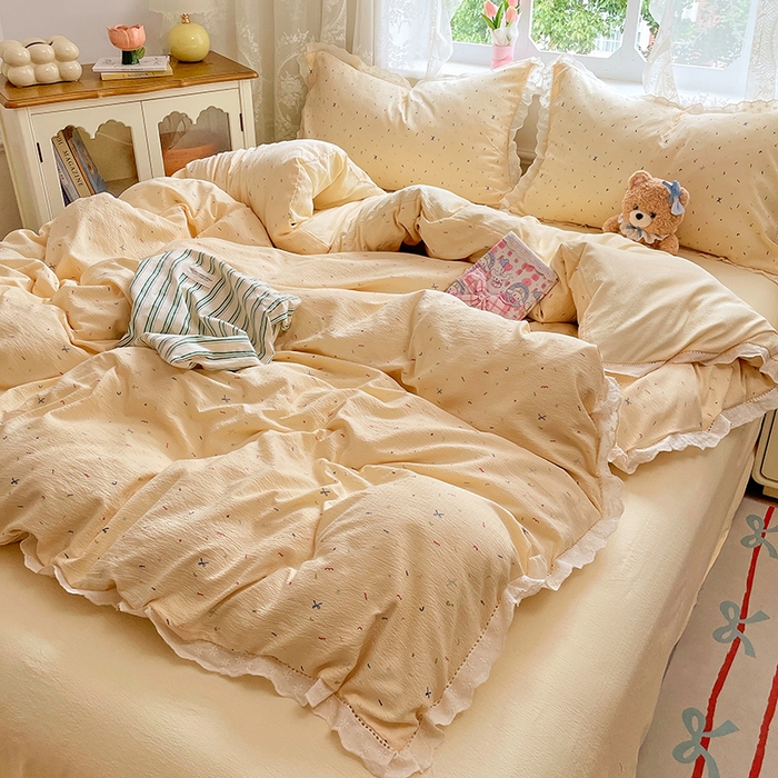 91家纺网 家纺一手货源 找家纺 （总）优佳优品 2025新款A类云感木棉皱皱双层纱全棉镂空花边四件套（提供买家秀）