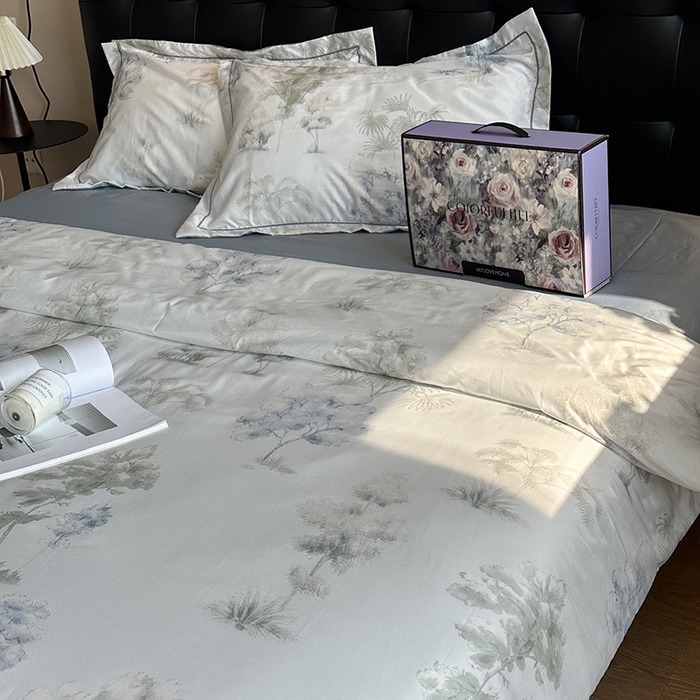 91家纺网 家纺一手货源 找家纺 美丽坊 2025新款天丝锦缎数码印花四件套（配高档礼盒） 树屿