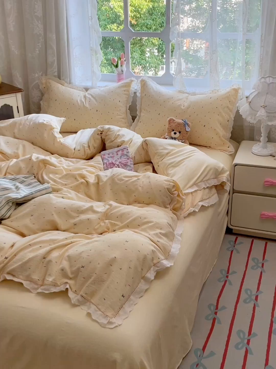 91家纺网 家纺一手货源 找家纺 （总）优佳优品 2025新款A类云感木棉皱皱双层纱全棉镂空花边四件套（提供买家秀）