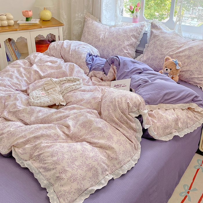 91家纺网 家纺一手货源 找家纺 优佳优品 2025新款A类云感木棉皱皱双层纱全棉镂空花边四件套（提供买家秀） 午夜紫魅