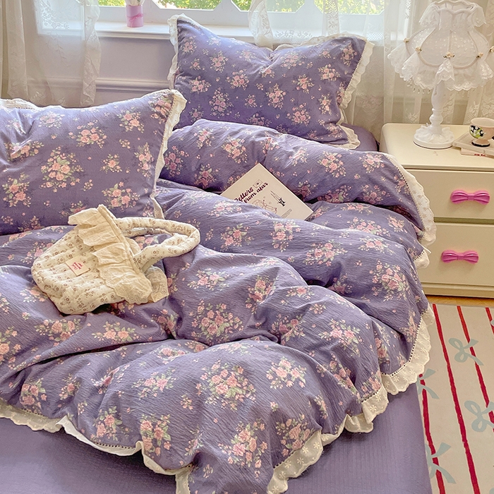 91家纺网 家纺一手货源 找家纺 优佳优品 2025新款A类云感木棉皱皱双层纱全棉镂空花边四件套（提供买家秀） 紫藤花语
