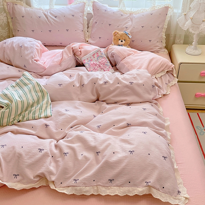 91家纺网 家纺一手货源 找家纺 优佳优品 2025新款A类云感木棉皱皱双层纱全棉镂空花边四件套（提供买家秀） 同心结