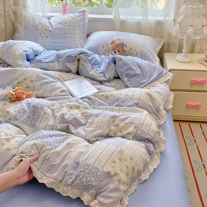 优佳优品 2025新款A类云感木棉皱皱双层纱全棉镂空花边四件套（提供买家秀） 百福之梦