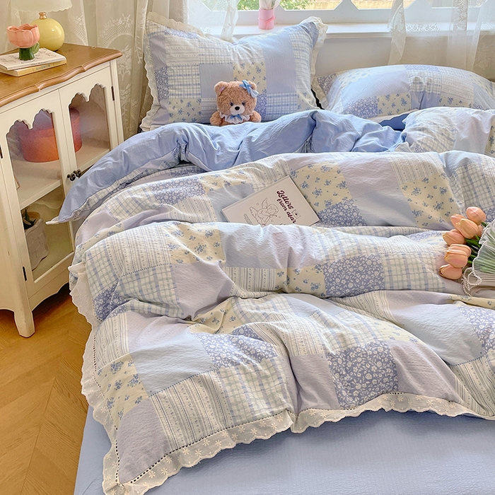 91家纺网 家纺一手货源 找家纺 优佳优品 2025新款A类云感木棉皱皱双层纱全棉镂空花边四件套（提供买家秀） 百福之梦