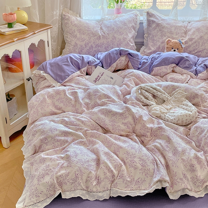 91家纺网 家纺一手货源 找家纺 优佳优品 2025新款A类云感木棉皱皱双层纱全棉镂空花边四件套（提供买家秀） 午夜紫魅