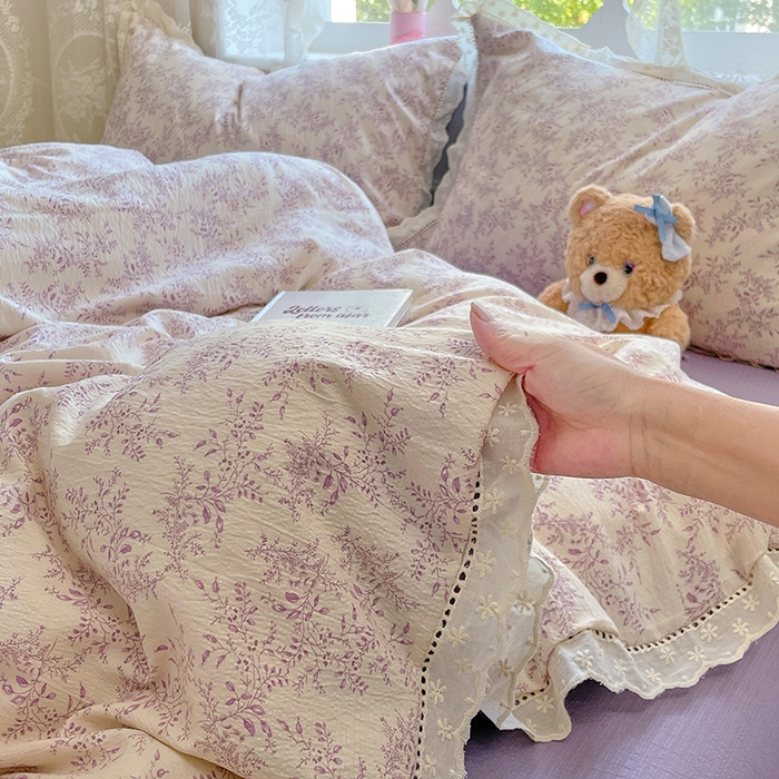 91家纺网 家纺一手货源 找家纺 优佳优品 2025新款A类云感木棉皱皱双层纱全棉镂空花边四件套（提供买家秀） 午夜紫魅