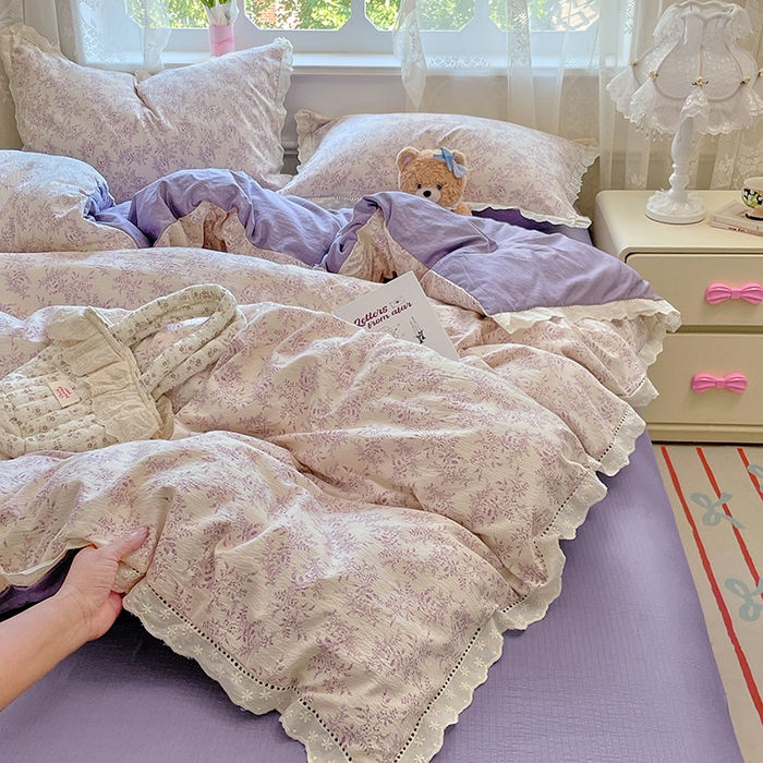 优佳优品 2025新款A类云感木棉皱皱双层纱全棉镂空花边四件套（提供买家秀） 午夜紫魅