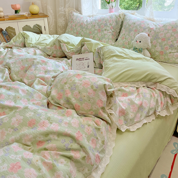 91家纺网 家纺一手货源 找家纺 优佳优品 2025新款A类云感木棉皱皱双层纱全棉镂空花边四件套（提供买家秀） 薄荷之夏