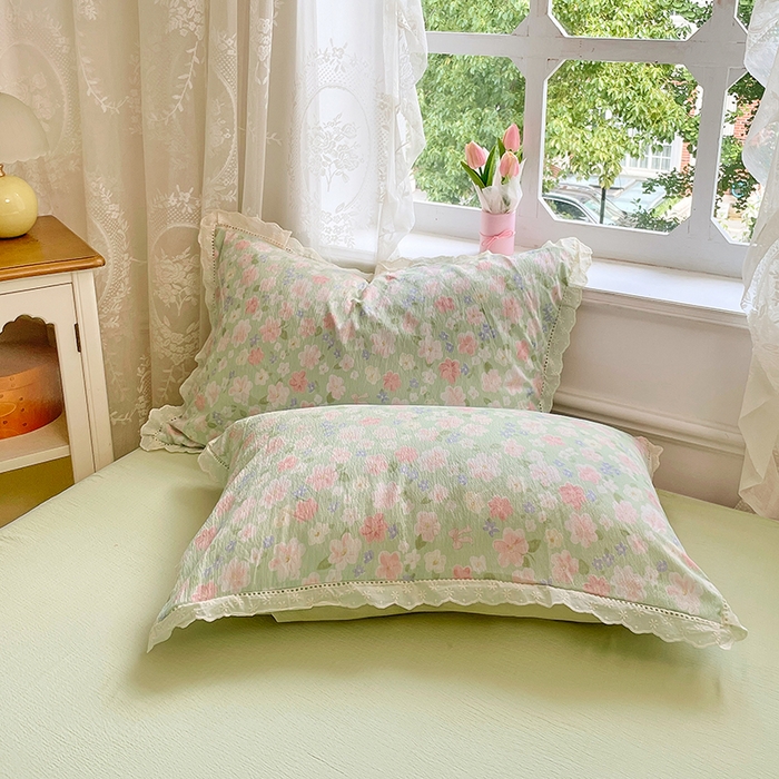 91家纺网 家纺一手货源 找家纺 优佳优品 2025新款A类云感木棉皱皱双层纱全棉镂空花边四件套（提供买家秀） 薄荷之夏