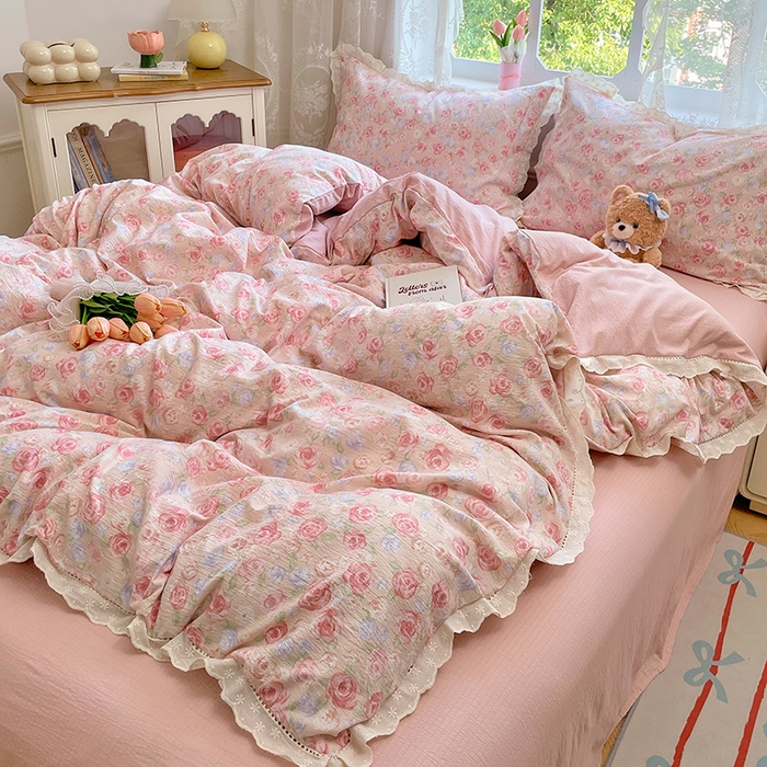 91家纺网 家纺一手货源 找家纺 优佳优品 2025新款A类云感木棉皱皱双层纱全棉镂空花边四件套（提供买家秀） 戴安娜玫瑰