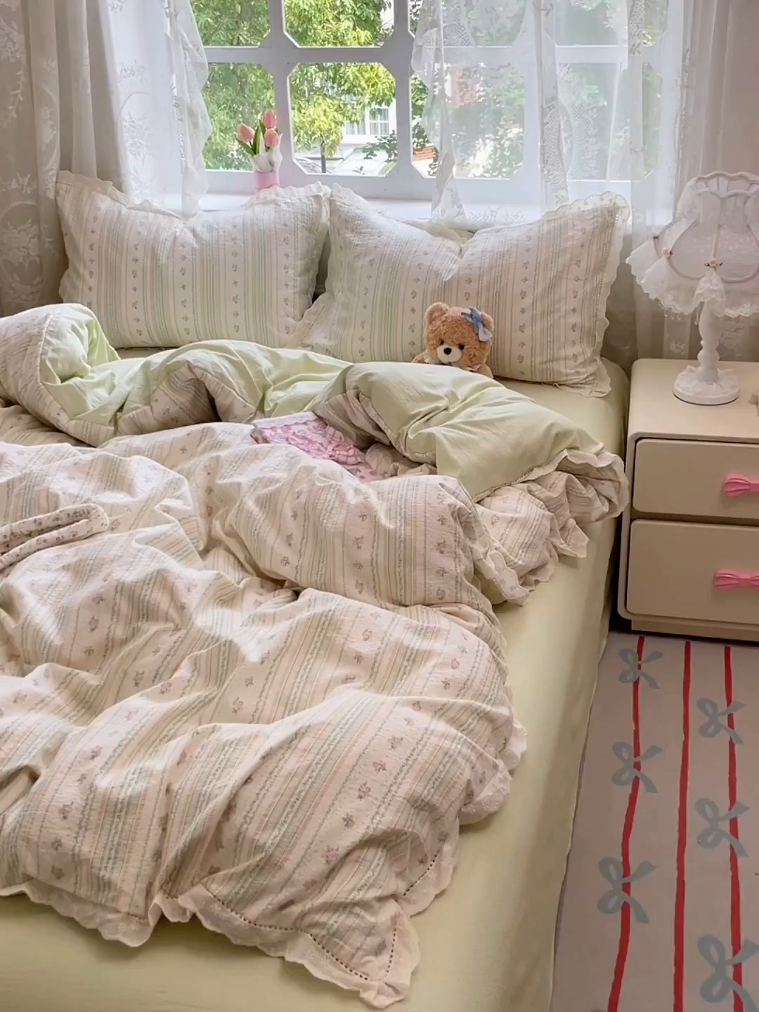 91家纺网 家纺一手货源 找家纺 优佳优品 2025新款A类云感木棉皱皱双层纱全棉镂空花边四件套（提供买家秀） 君心莫莉