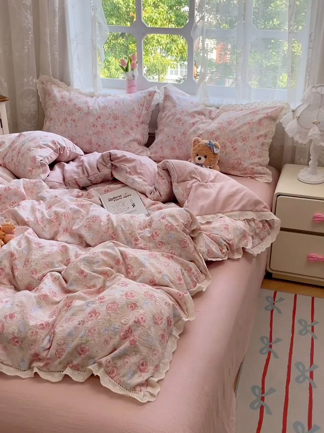 91家纺网 家纺一手货源 找家纺 优佳优品 2025新款A类云感木棉皱皱双层纱全棉镂空花边四件套（提供买家秀） 戴安娜玫瑰