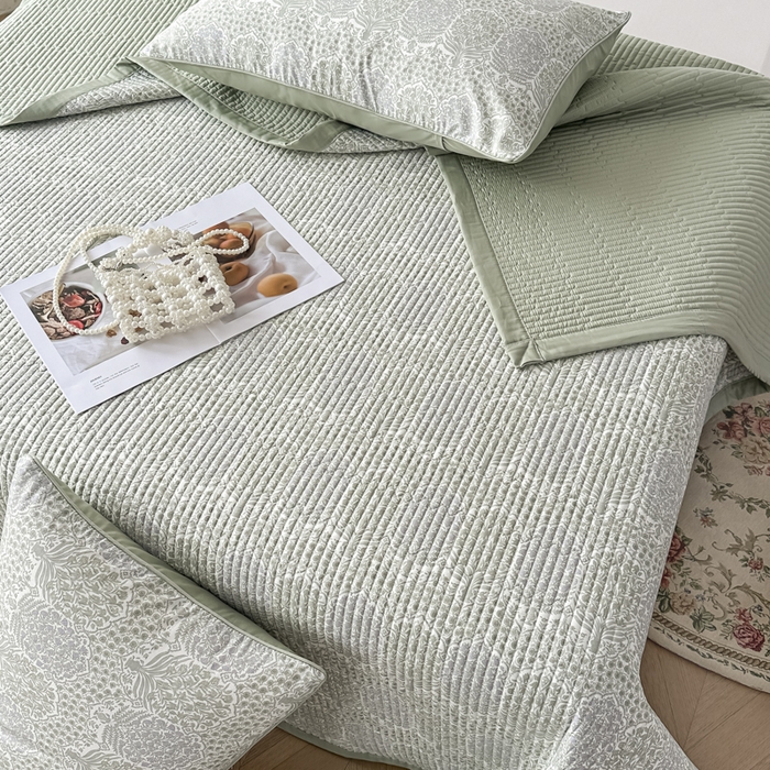 91家纺网 家纺一手货源 找家纺 恒尚居 2025新款A类莱赛尔天丝棉印花床盖-自然丛林 铃兰花园-绿意