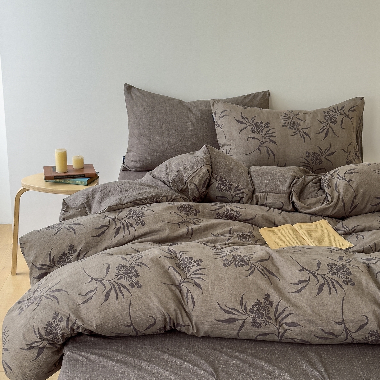 竹合家纺 2025秋冬新品爆款加厚高克重复古风皱皱印花四件套 玉茗