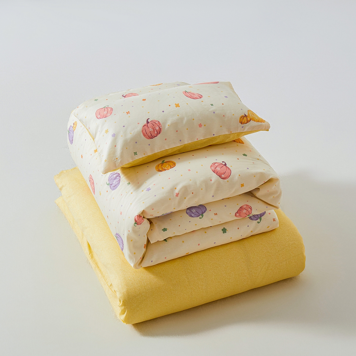 91家纺网 家纺一手货源 找家纺 西域种棉人·千百笠 2025新款100%全棉幼儿园被子三件套被套纯棉儿童六件套宝宝入园专用被套被褥含芯七件套 缤纷南瓜