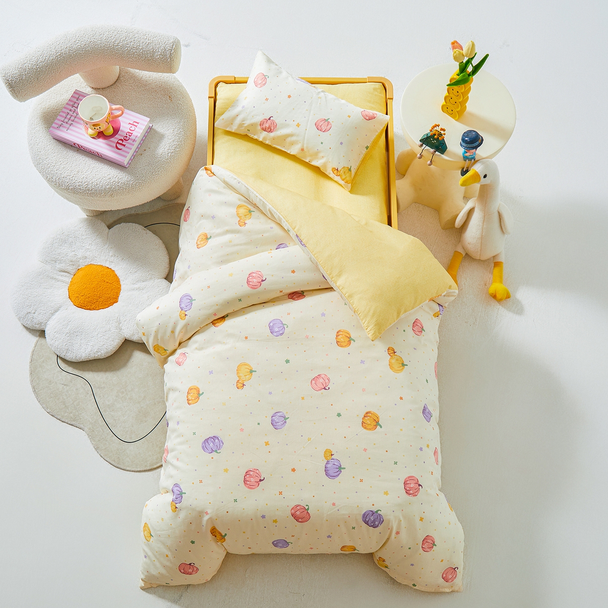 91家纺网 家纺一手货源 找家纺 西域种棉人·千百笠 2025新款100%全棉幼儿园被子三件套被套纯棉儿童六件套宝宝入园专用被套被褥含芯七件套 缤纷南瓜