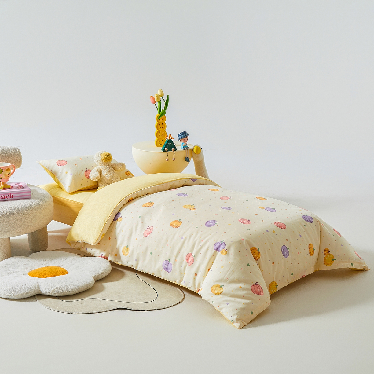 91家纺网 家纺一手货源 找家纺 西域种棉人·千百笠 2025新款100%全棉幼儿园被子三件套被套纯棉儿童六件套宝宝入园专用被套被褥含芯七件套 缤纷南瓜