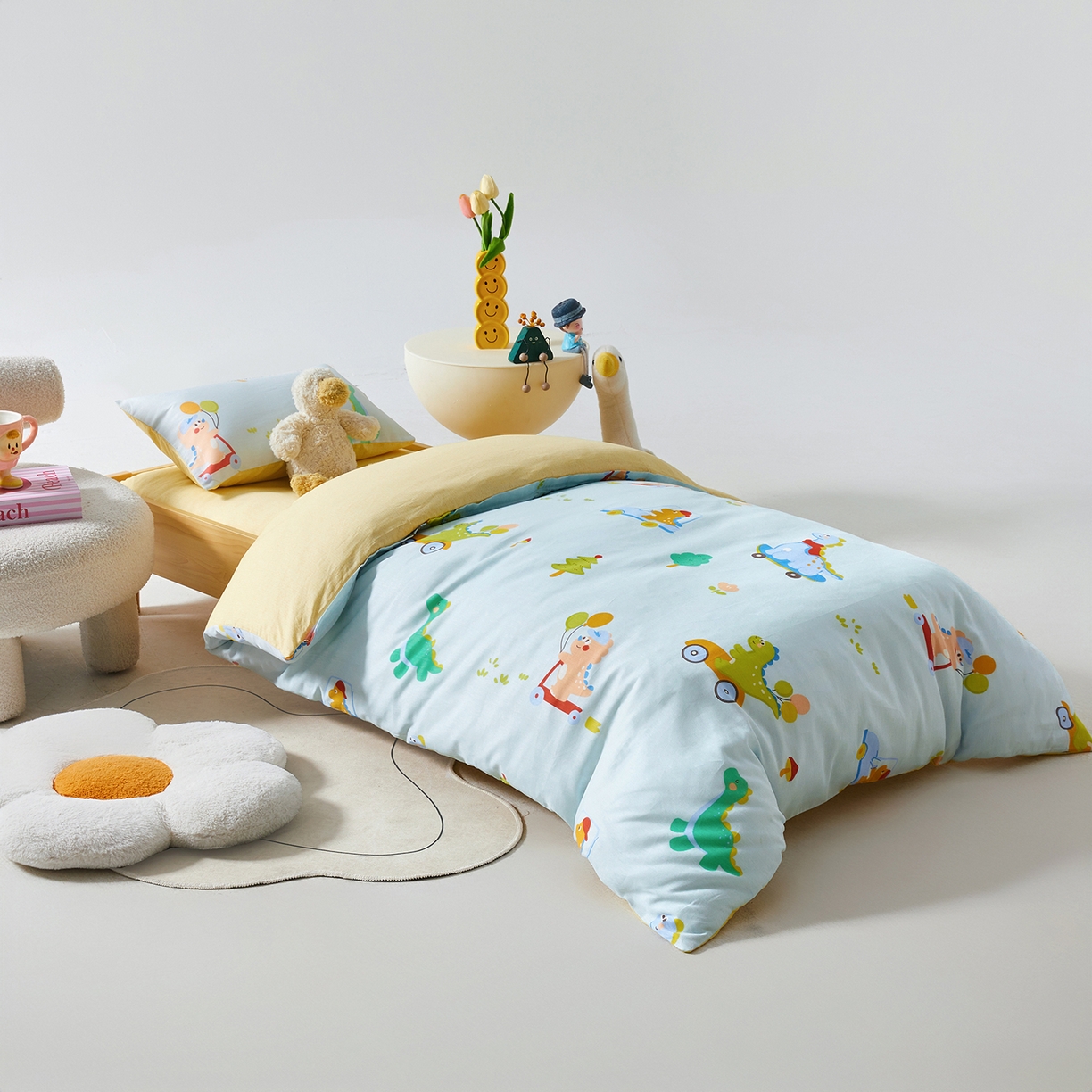 91家纺网 家纺一手货源 找家纺 西域种棉人·千百笠 2025新款100%全棉幼儿园被子三件套被套纯棉儿童六件套宝宝入园专用被套被褥含芯七件套 淘气恐龙