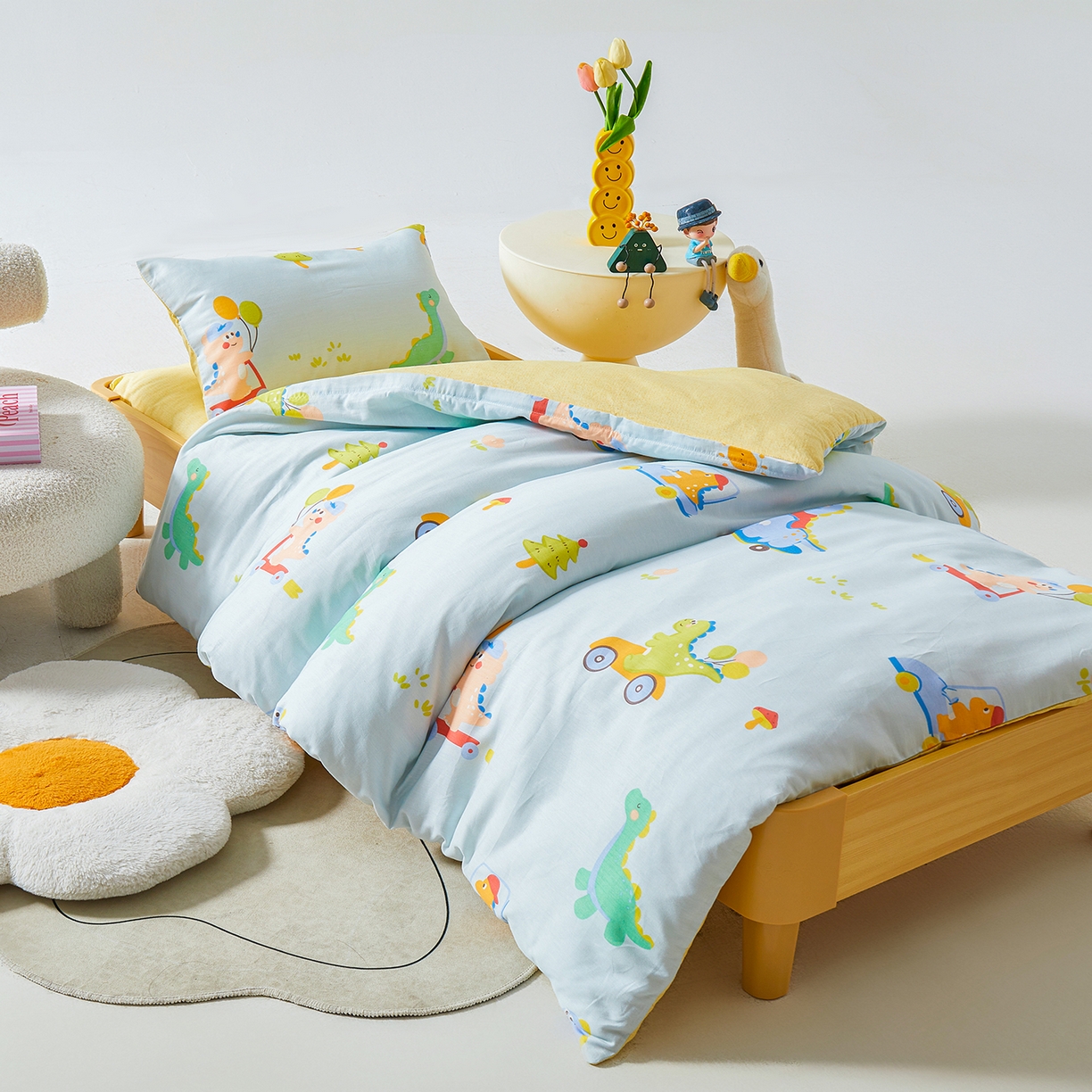 91家纺网 家纺一手货源 找家纺 西域种棉人·千百笠 2025新款100%全棉幼儿园被子三件套被套纯棉儿童六件套宝宝入园专用被套被褥含芯七件套 淘气恐龙