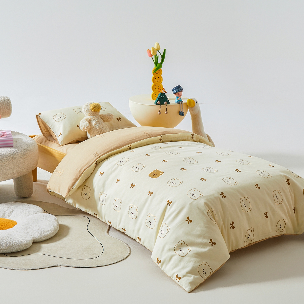 91家纺网 家纺一手货源 找家纺 西域种棉人·千百笠 2025新款100%全棉幼儿园被子三件套被套纯棉儿童六件套宝宝入园专用被套被褥含芯七件套 熊仔宝贝