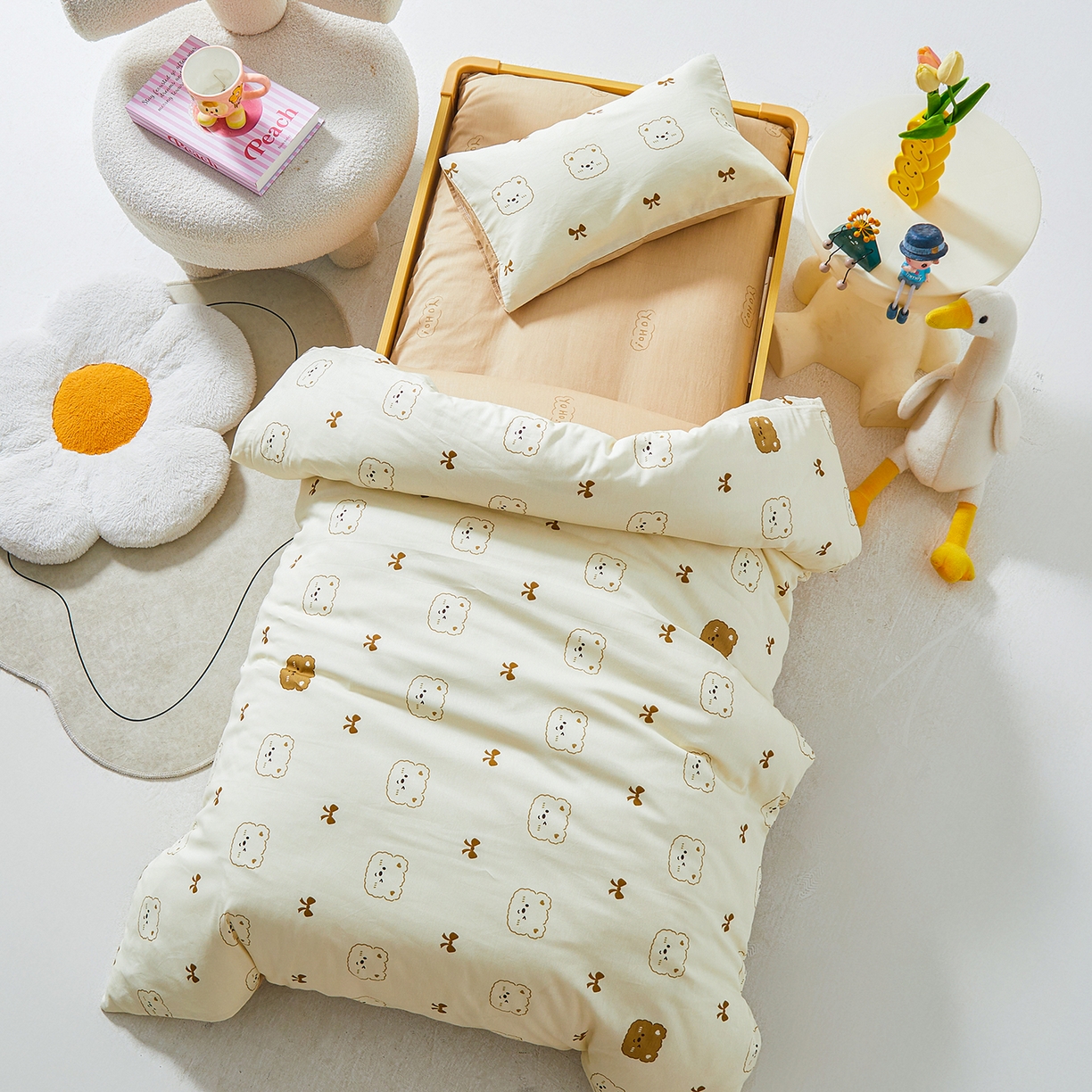 91家纺网 家纺一手货源 找家纺 西域种棉人·千百笠 2025新款100%全棉幼儿园被子三件套被套纯棉儿童六件套宝宝入园专用被套被褥含芯七件套 熊仔宝贝