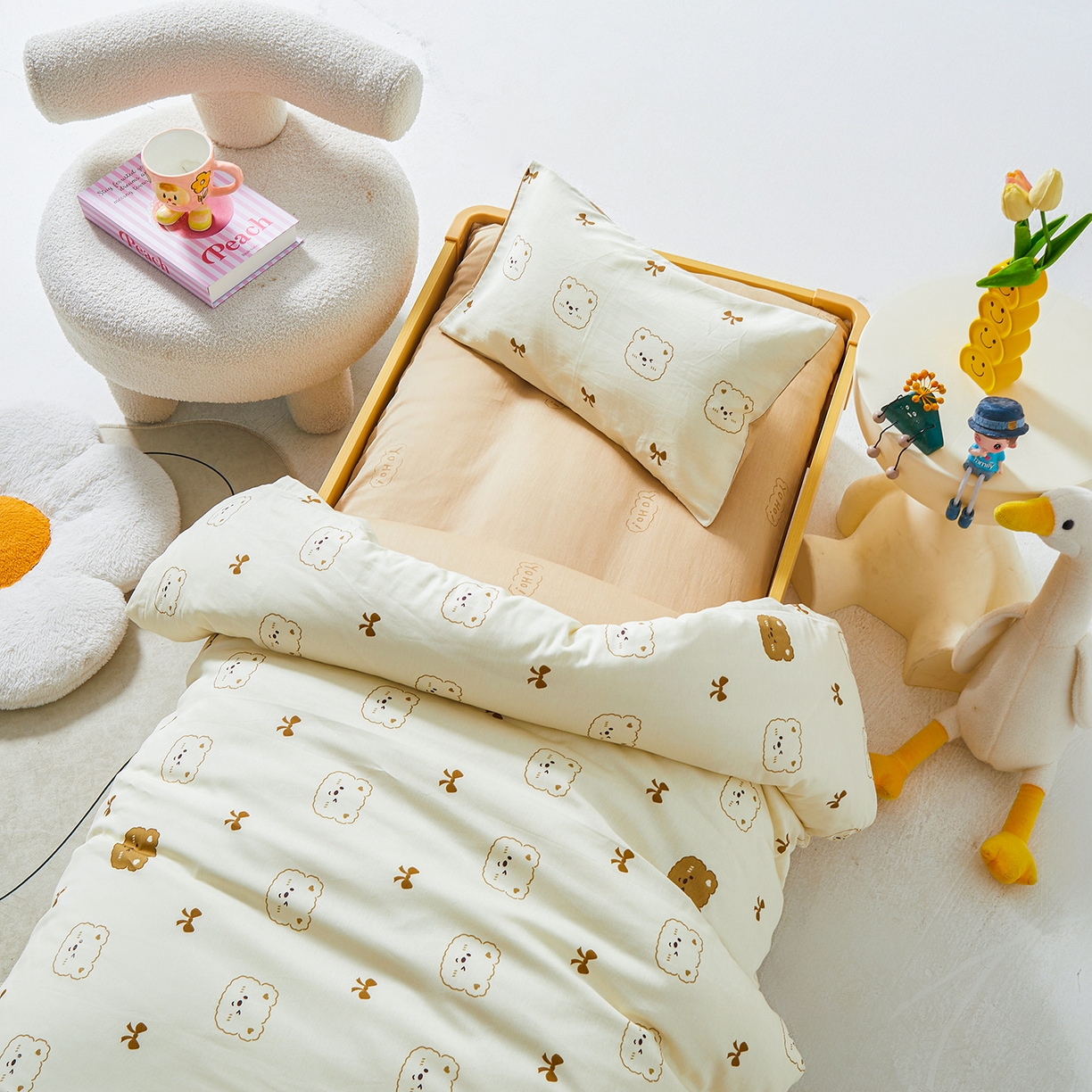 91家纺网 家纺一手货源 找家纺 西域种棉人·千百笠 2025新款100%全棉幼儿园被子三件套被套纯棉儿童六件套宝宝入园专用被套被褥含芯七件套 熊仔宝贝