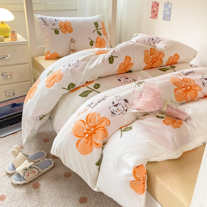 91家纺网 家纺一手货源 找家纺 芷凡家纺 2025新款水洗棉双层纱学生三件套四件套学生宿舍上下铺三件套 爱心猫咪