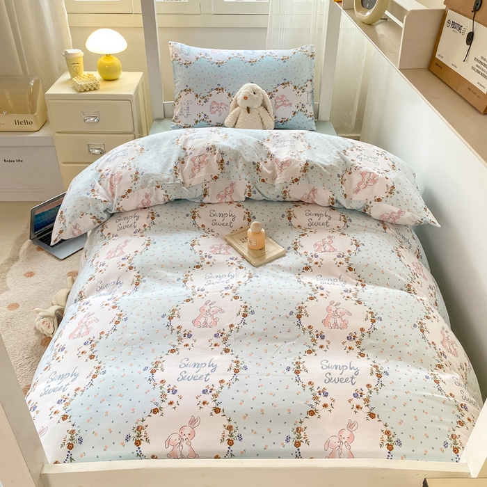 91家纺网 家纺一手货源 找家纺 芷凡家纺 2025新款水洗棉双层纱学生三件套四件套学生宿舍上下铺三件套 淑女兔