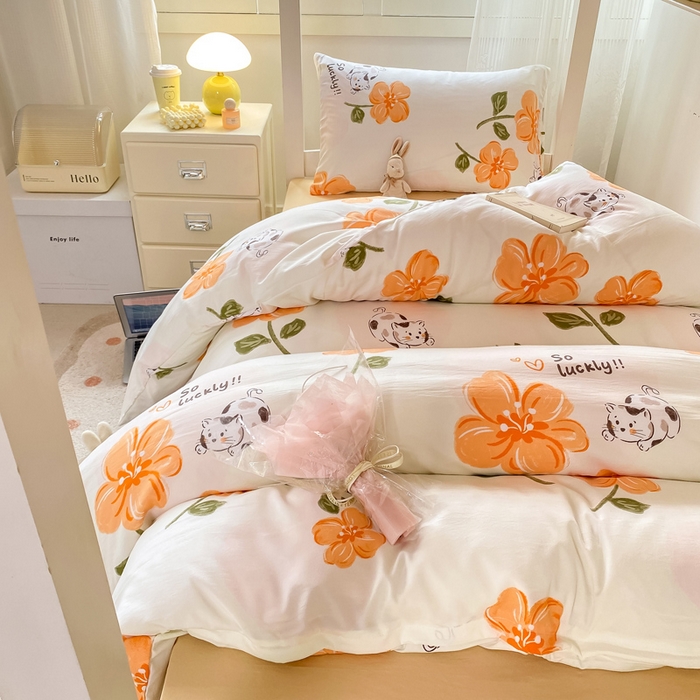 91家纺网 家纺一手货源 找家纺 芷凡家纺 2025新款水洗棉双层纱学生三件套四件套学生宿舍上下铺三件套 爱心猫咪